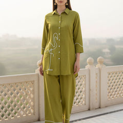 Indibelle Solid Green Cotton Slub Corded Embrodiary Co-ord Set