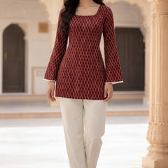Indibelle Maroon Printed Cotton Short Kurti