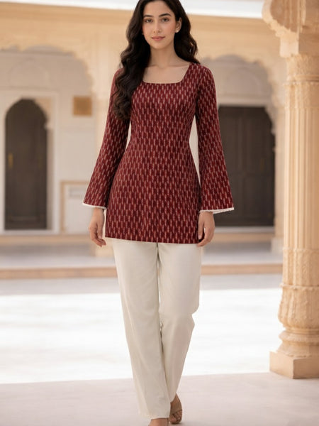 Indibelle Maroon Printed Cotton Short Kurti