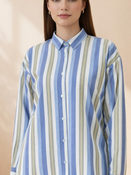 Blue Stripe Printed High-Low Shirt