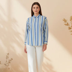 Blue Stripe Printed High-Low Shirt Front