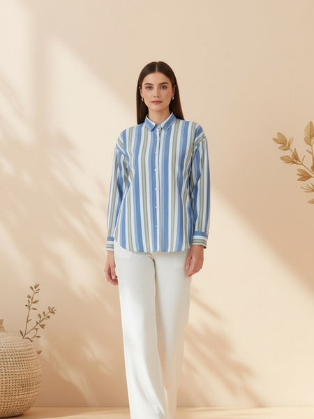 Blue Stripe Printed High-Low Shirt Front