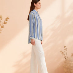 Blue Stripe Printed High-Low Shirt Side