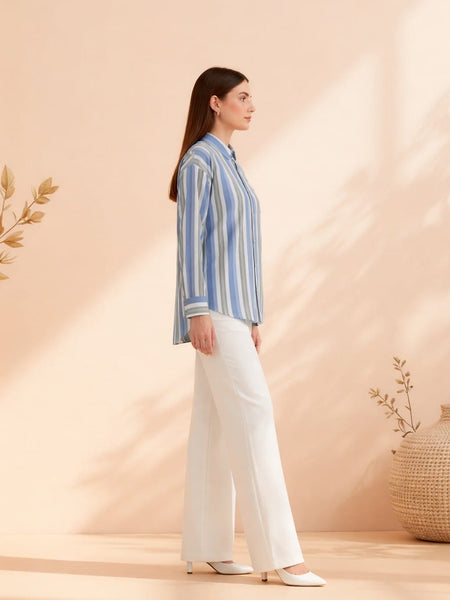 Blue Stripe Printed High-Low Shirt Side