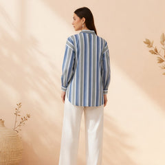 Blue Stripe Printed High-Low Shirt Back
