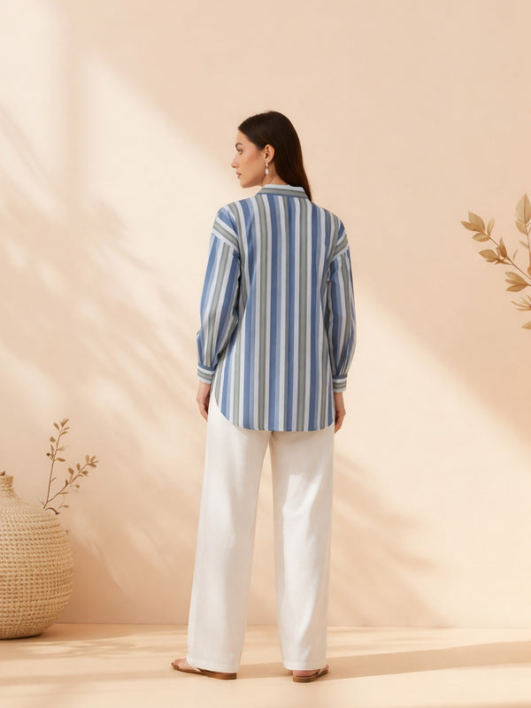 Blue Stripe Printed High-Low Shirt Back