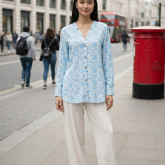 Indibelle Sky Blue Marble Printed High-Low Shirt