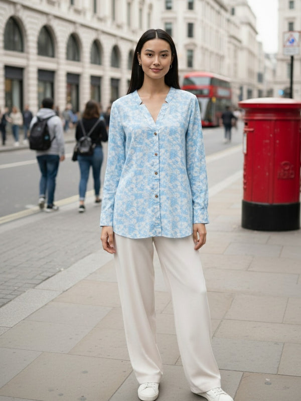 Indibelle Sky Blue Marble Printed High-Low Shirt