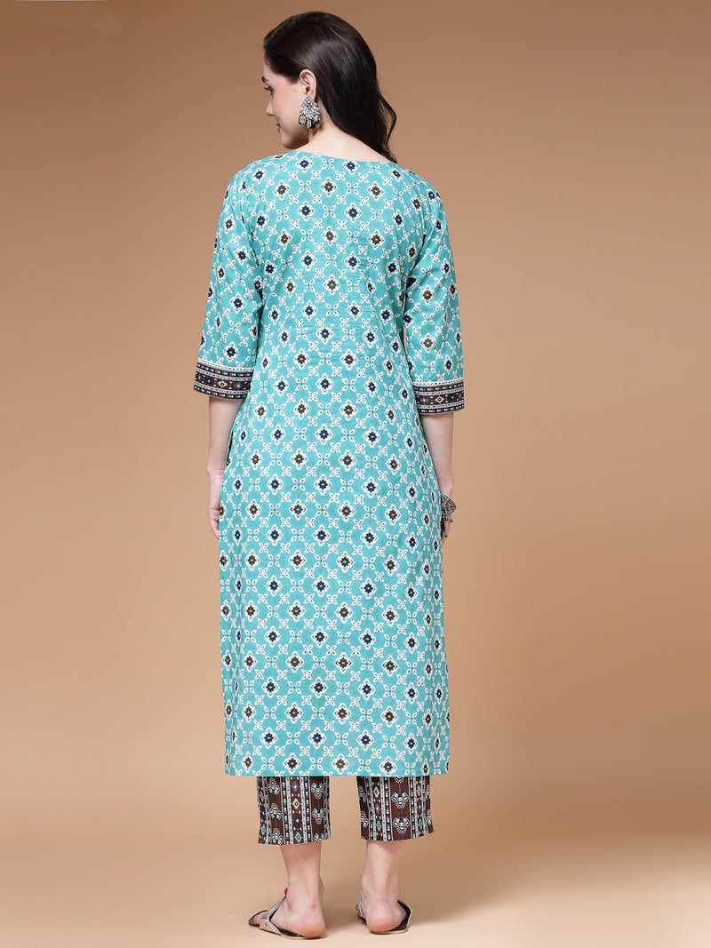 Indibelle Cotton Teal Brown Floral Print Straight Kurta 