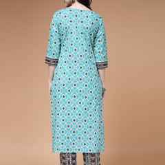 Indibelle Cotton Teal Brown Floral Print Straight Kurta 