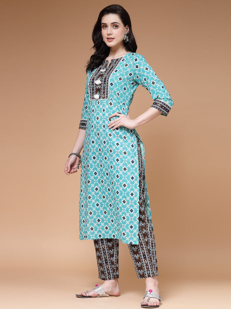 Indibelle Cotton Teal Brown Floral Print Straight Kurta 