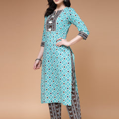 Indibelle Cotton Teal Brown Floral Print Straight Kurta 