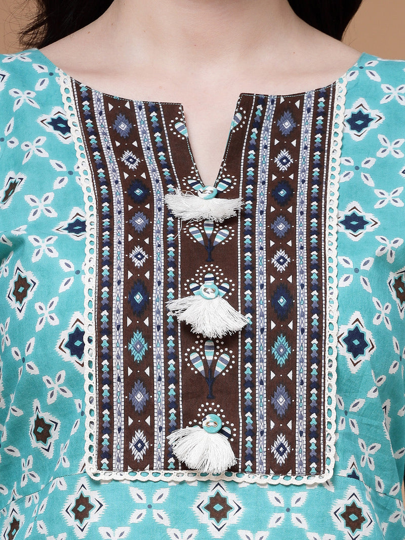 Indibelle Cotton Teal Brown Floral Print Straight Kurta 