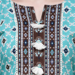Indibelle Cotton Teal Brown Floral Print Straight Kurta 