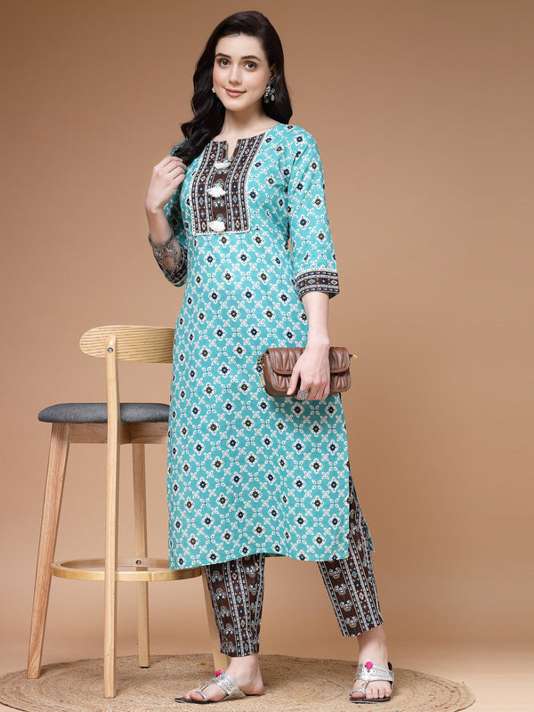 Indibelle Cotton Teal Brown Floral Print Straight Kurta 