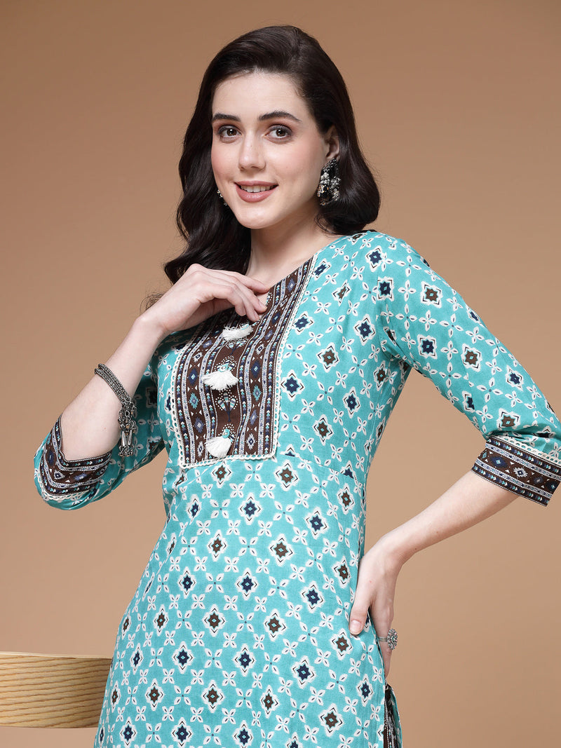 Indibelle Cotton Teal Brown Floral Print Straight Kurta 