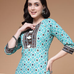 Indibelle Cotton Teal Brown Floral Print Straight Kurta 