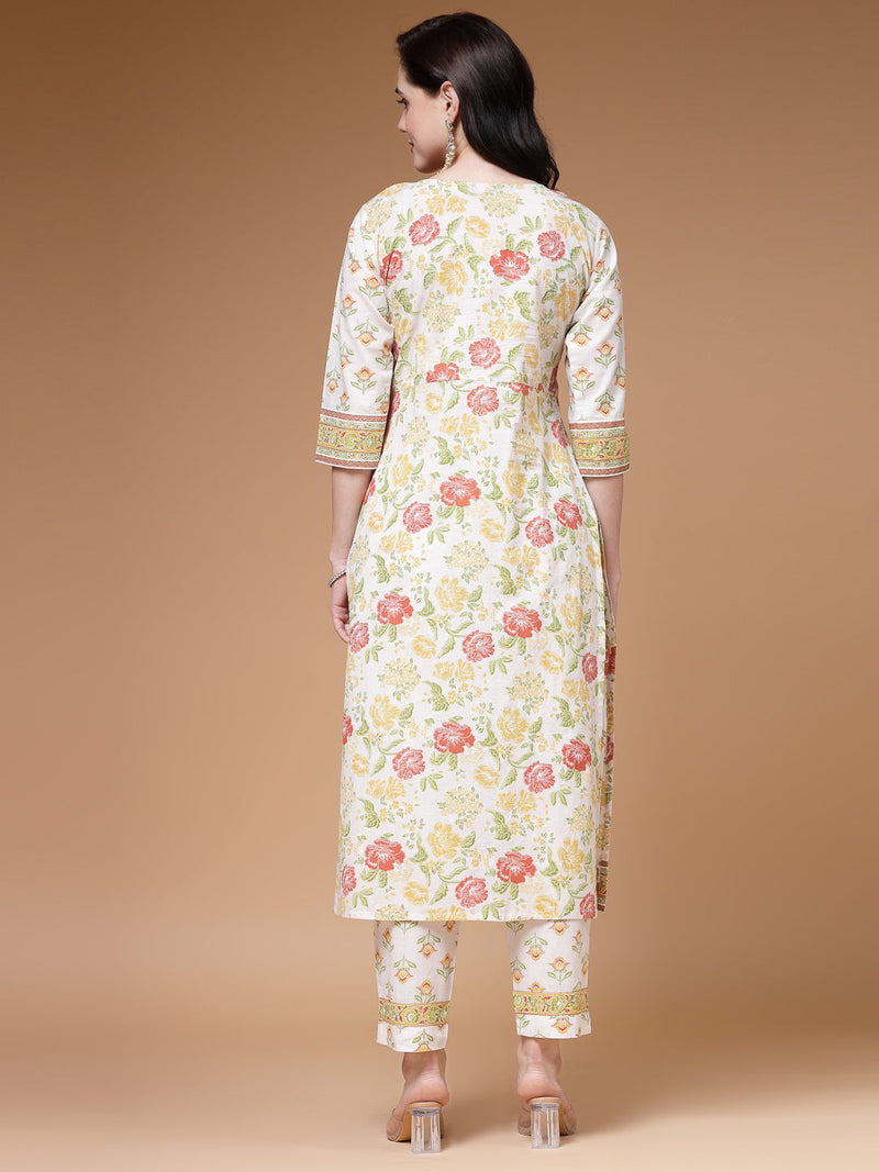 Indibelle Cotton Floral print Straight Kurta (Off White)