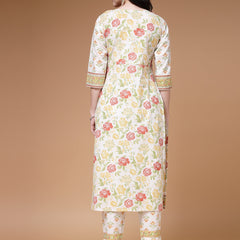 Indibelle Cotton Floral print Straight Kurta (Off White)