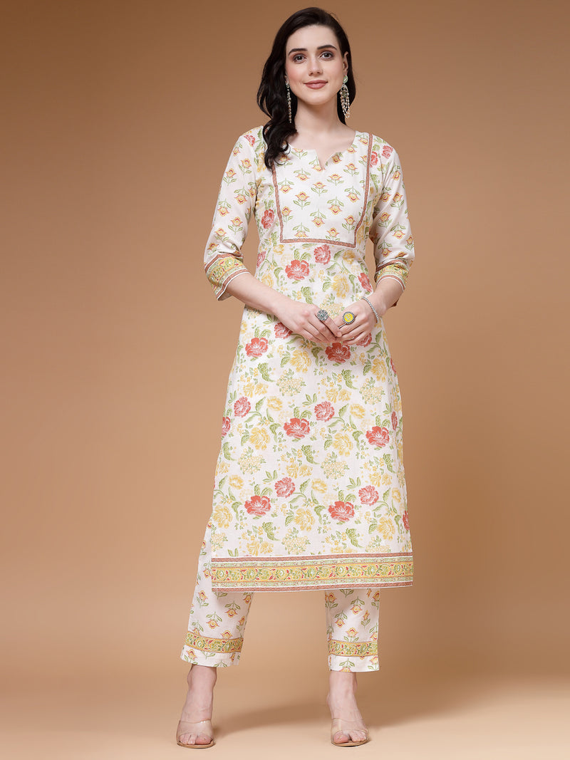Indibelle Cotton Floral print Straight Kurta Set (Off White)