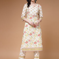 Indibelle Cotton Floral print Straight Kurta Set (Off White)
