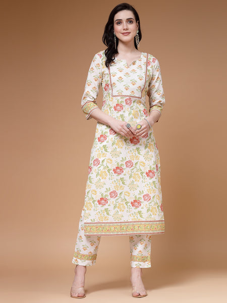 Indibelle Cotton Floral print Straight Kurta Set (Off White)