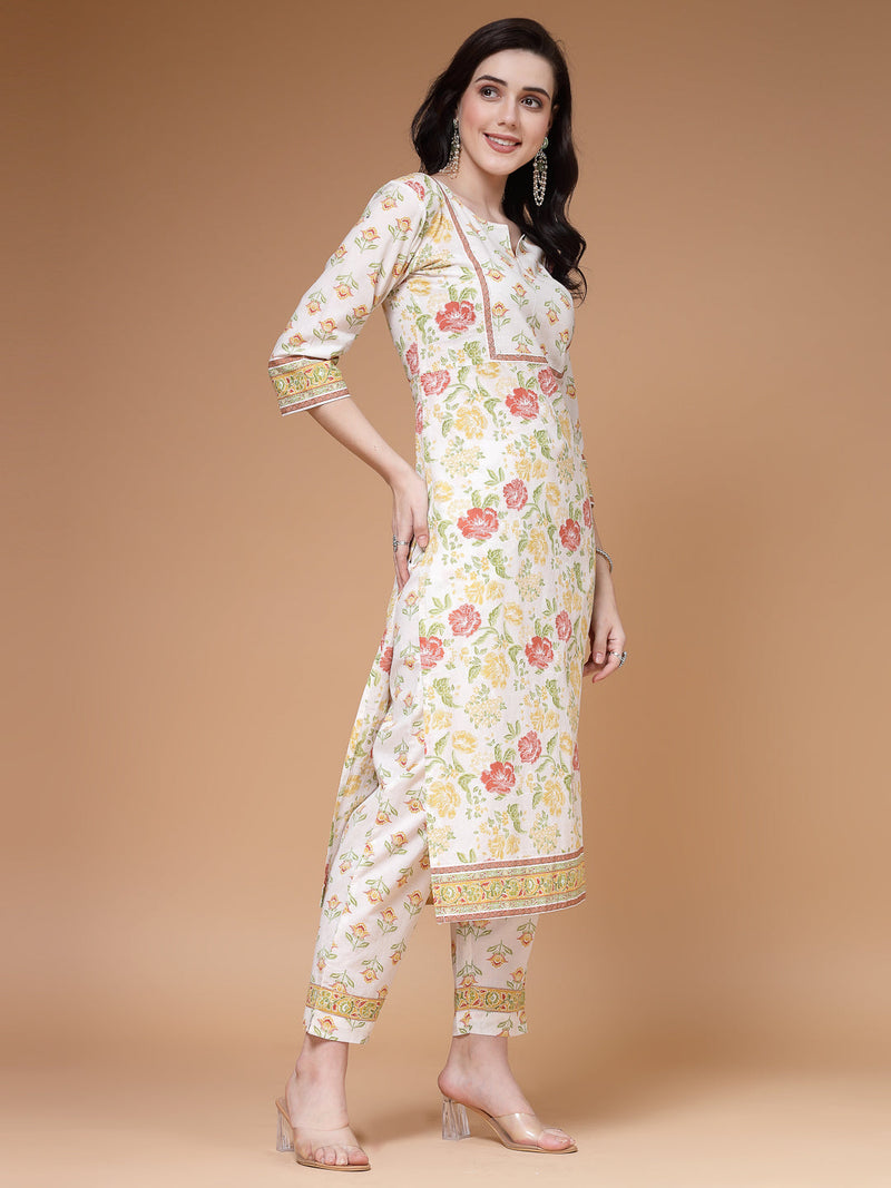 Indibelle Cotton Floral print Straight Kurta (Off White)