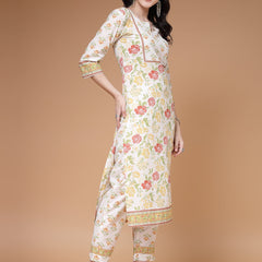 Indibelle Cotton Floral print Straight Kurta (Off White)
