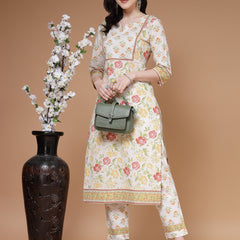 Indibelle Cotton Floral print Straight Kurta Set (Off White)