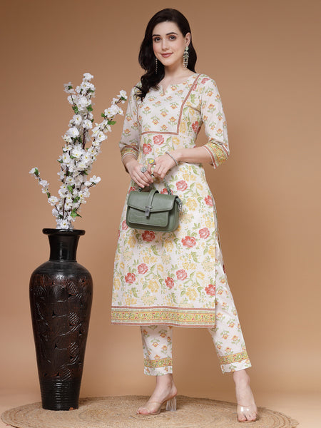 Indibelle Cotton Floral print Straight Kurta Set (Off White)