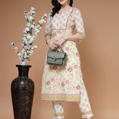Indibelle Cotton Floral print Straight Kurta (Off White)