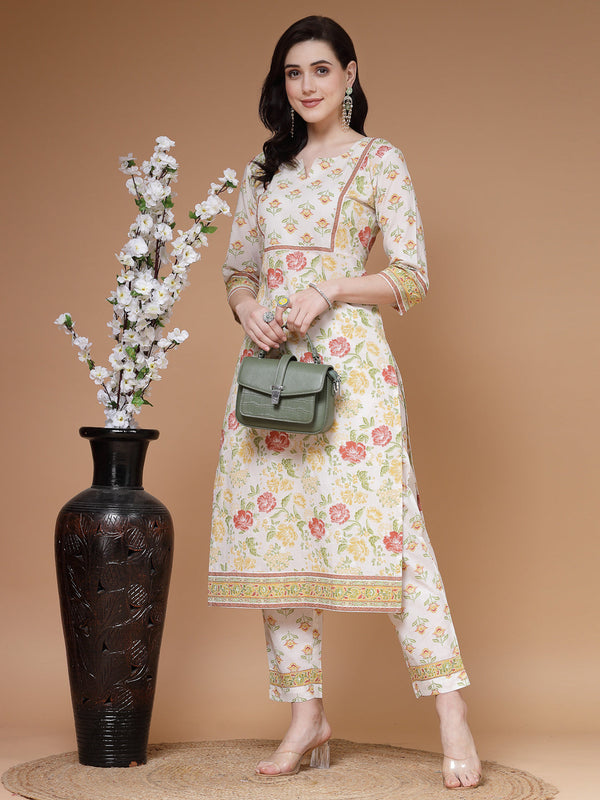 Indibelle Cotton Floral print Straight Kurta (Off White)