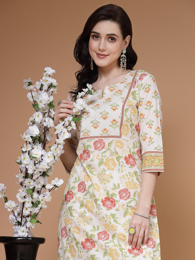 Indibelle Cotton Floral print Straight Kurta (Off White)