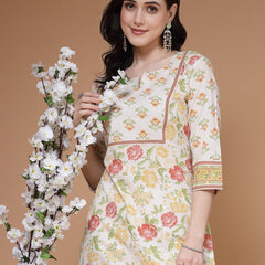 Indibelle Cotton Floral print Straight Kurta (Off White)