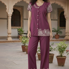 Women Purple Printed Cotton Puff Sleeve Co-Ord Set