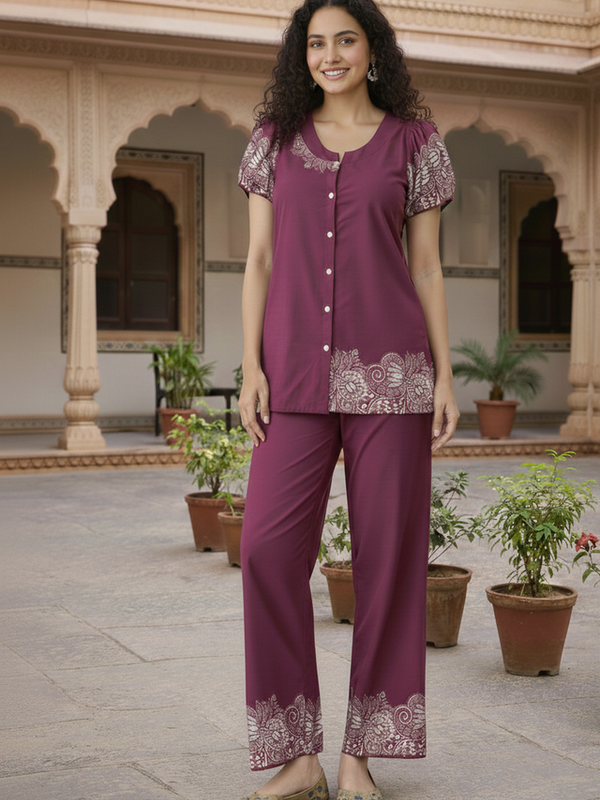 Women Purple Printed Cotton Puff Sleeve Co-Ord Set