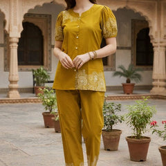 Women Mustard Printed Cotton Puff Sleeve Co-Ord Set