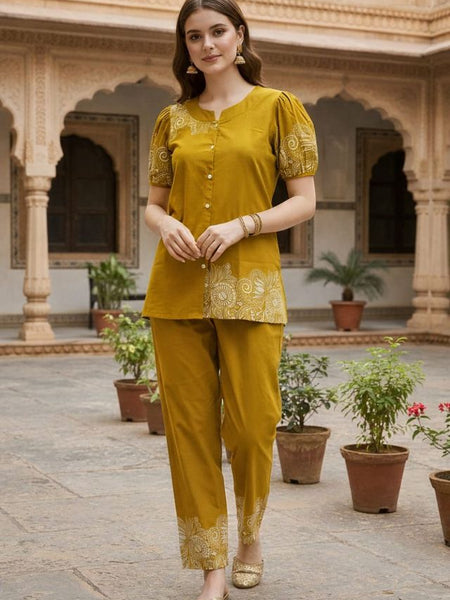 Women Mustard Printed Cotton Puff Sleeve Co-Ord Set