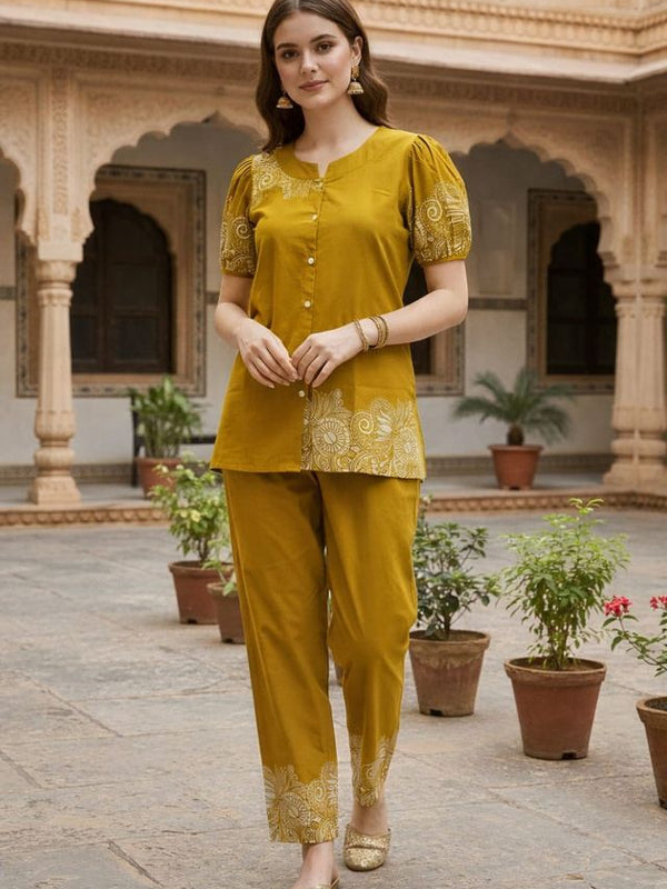 Women Mustard Printed Cotton Puff Sleeve Co-Ord Set