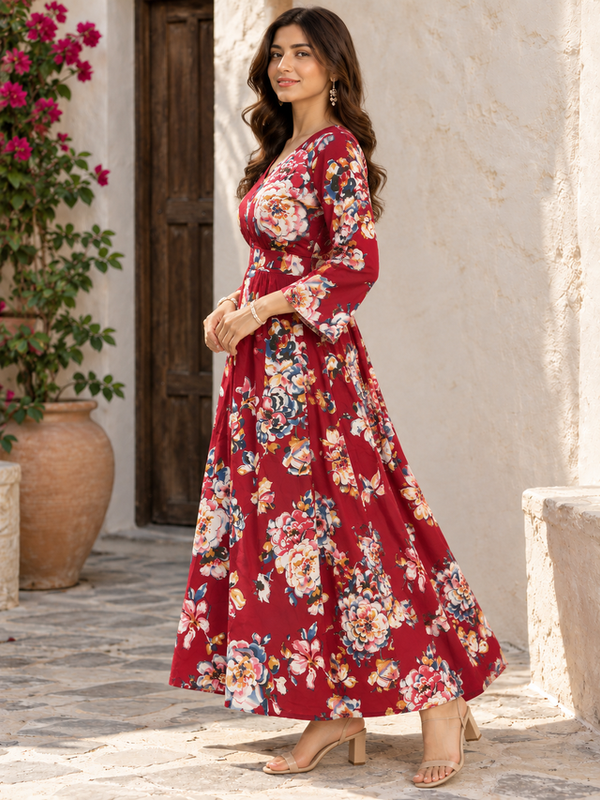 Indibelle Women's Floral Printed Cotton Maxi Dress