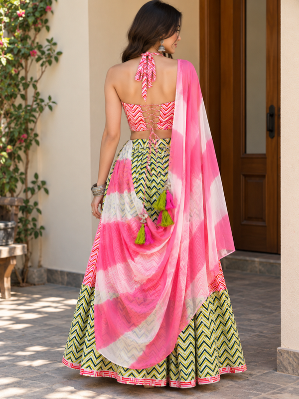 Pink And Green Printed Lehenga Set