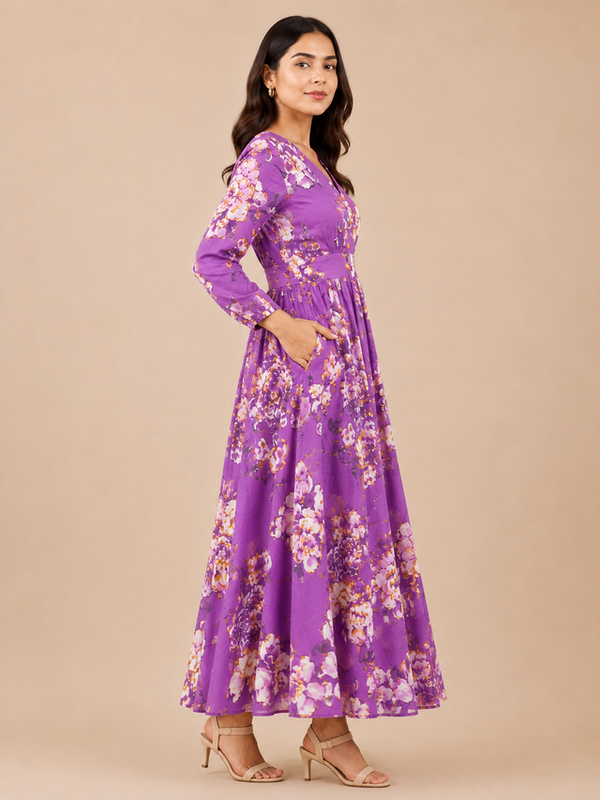 Indibelle Women's Floral Printed Cotton Maxi Dress