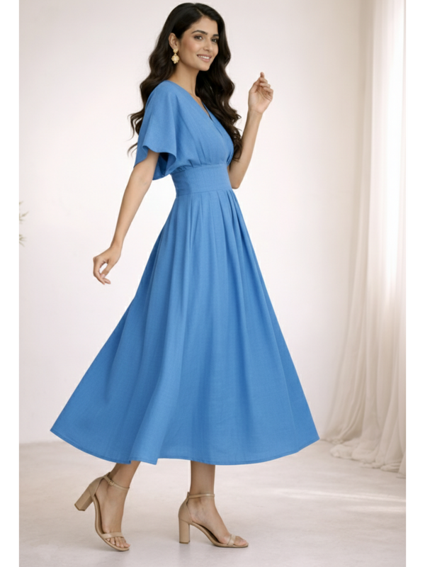 Indibelle Solid Blue Colour Cotton Pleated Midi Dress