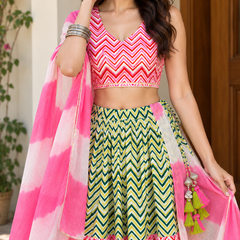 Pink And Green Printed Lehenga Set