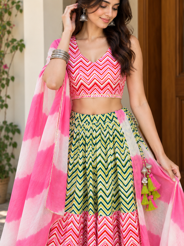 Pink And Green Printed Lehenga Set