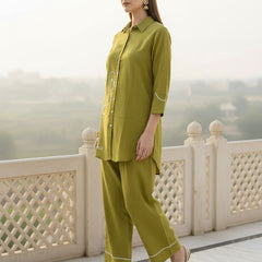 Indibelle Solid Green Cotton Slub Corded Embrodiary Co-ord Set