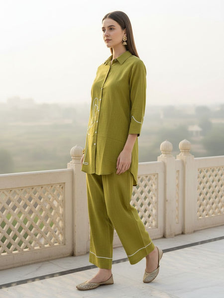 Indibelle Solid Green Cotton Slub Corded Embrodiary Co-ord Set