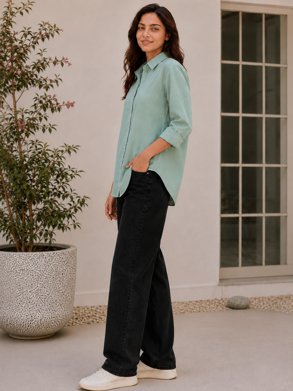 Indibelle Premium Linen Blend Aqua Green Shirt