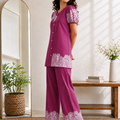 Women Purple Printed Cotton Puff Sleeve Co-Ord Set
