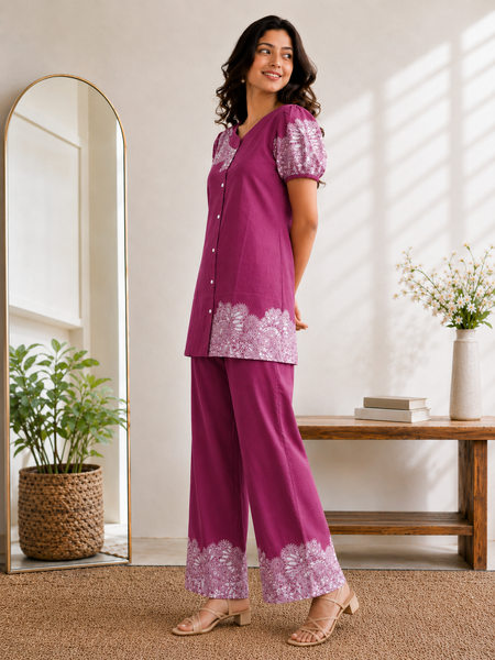 Women Purple Printed Cotton Puff Sleeve Co-Ord Set